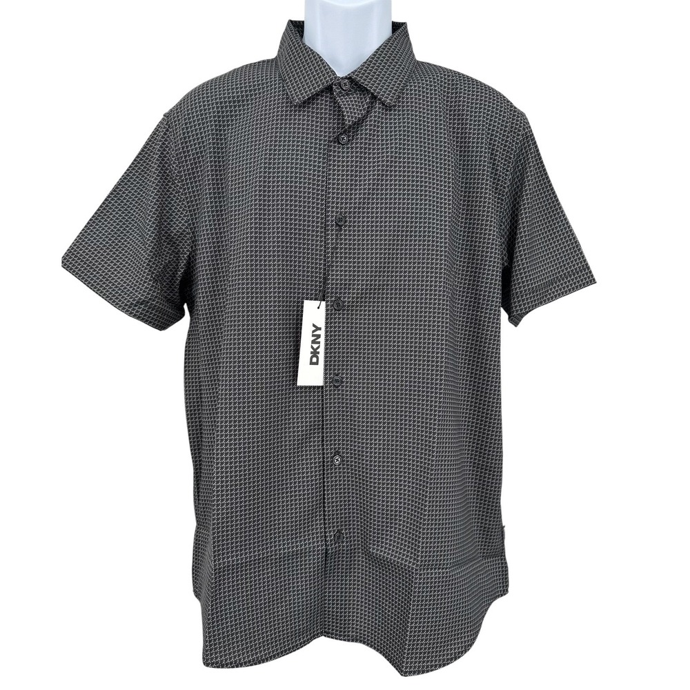 NEW DKNY Black Geometric Performance Short Sleeve Button Down Shirt Men's Large
